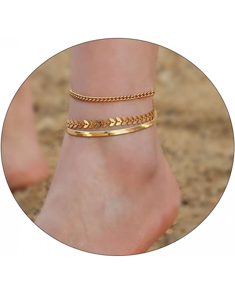 Layered Ankle Bracelets for Women 18K Gold Anklets for Women Stainless Steel Waterproof Cuban Link Anklets Set Stackable Ankl...