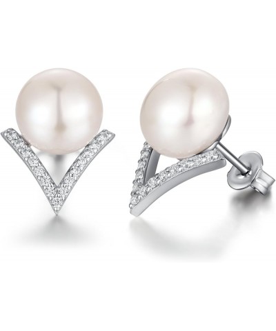 18K White Gold Plated Pearl Stud Earrings for Women 925 Sterling Silver Pearl Diamond Earrings for Girls, Cat Pearl Earrings ...