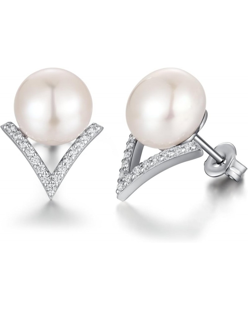 18K White Gold Plated Pearl Stud Earrings for Women 925 Sterling Silver Pearl Diamond Earrings for Girls, Cat Pearl Earrings ...