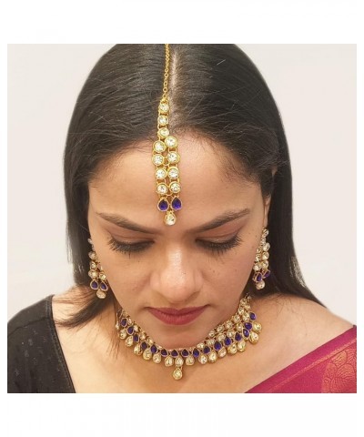 Indian Jewelry Choker Necklace Maang Tikka Earrings Bollywood Wedding Crystal Kundan Necklace Earrings Head Chain Set Style 2...