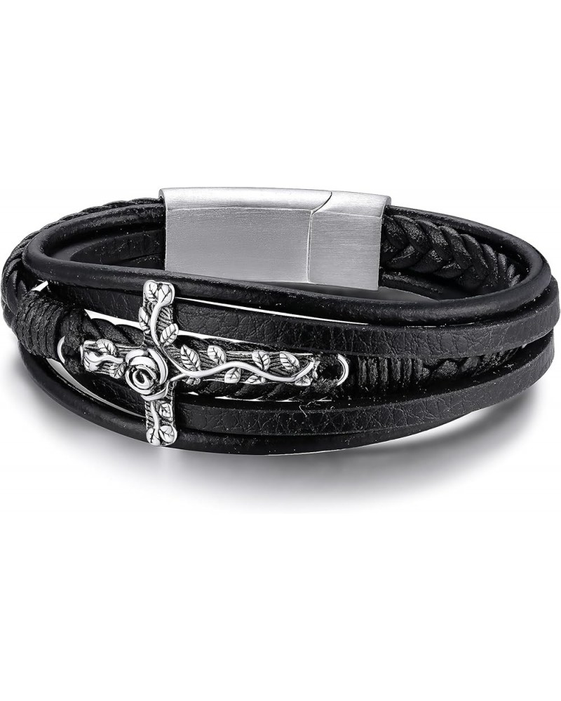 Stainless Steel Braided Leather Bracelet for Men, Punk Cuff Bangle 7.1'', 8.3'', 9 Inches Wristband, Black 21.0 Centimeters R...