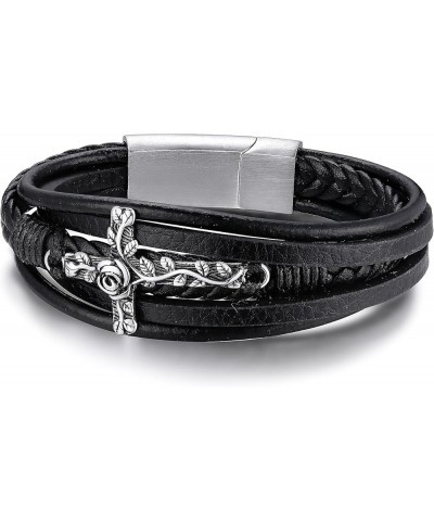 Stainless Steel Braided Leather Bracelet for Men, Punk Cuff Bangle 7.1'', 8.3'', 9 Inches Wristband, Black 21.0 Centimeters R...