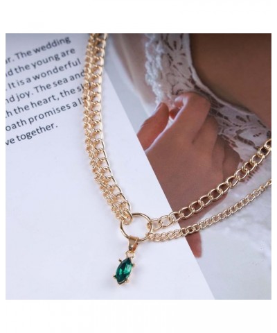 Boho Layered Emerald Necklace Choker Vintage Green Crystal Necklace Teardrop Emerald Gemstone Choker Necklace Gold Curb Chain...