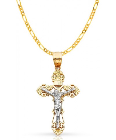 14K Two Tone Gold Jesus Crucifix Cross Pendant with 1.9mm Figaro 3+1 Chain Chain Necklace 16.0 Inches $133.20 Necklaces