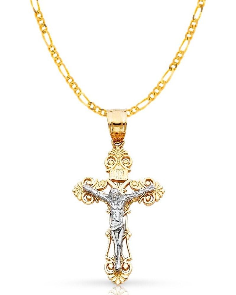 14K Two Tone Gold Jesus Crucifix Cross Pendant with 1.9mm Figaro 3+1 Chain Chain Necklace 16.0 Inches $133.20 Necklaces