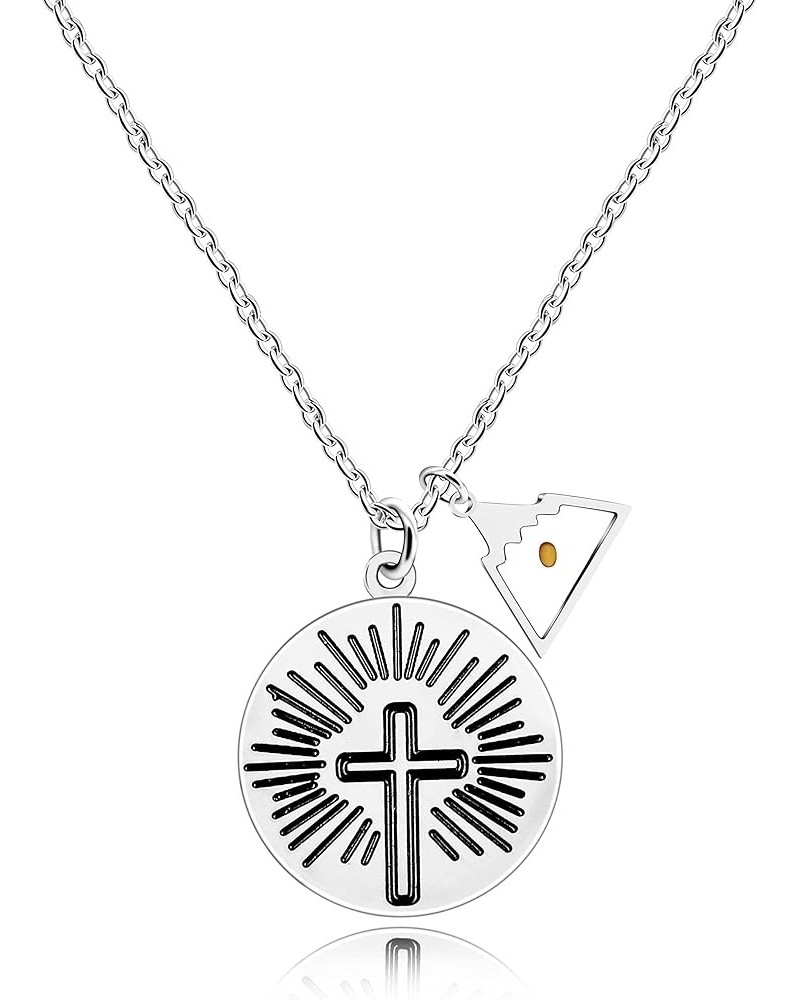 Stainless Steel Sunray Cross Necklace Real Mustard Seed Charms Pendant Inspirational Christian Jewelry Gift Triangle Mountain...