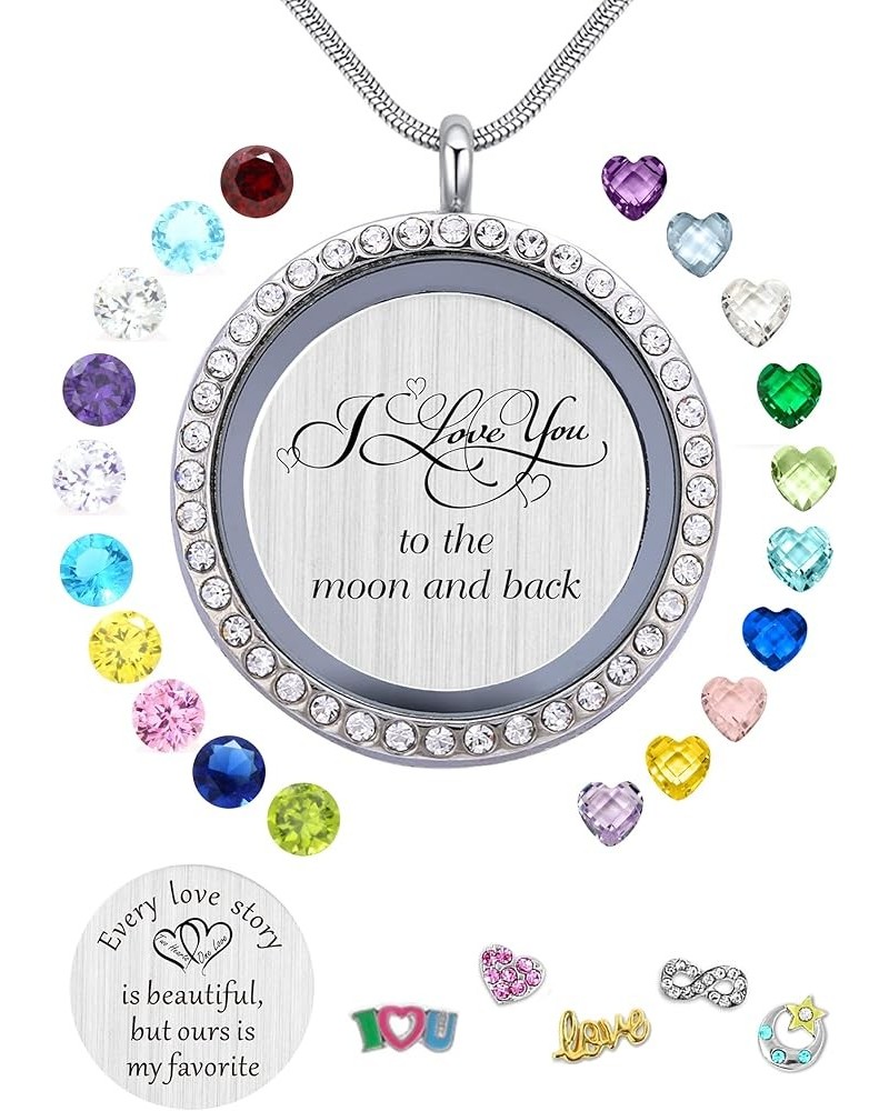 Best Gift Floating Charm Living Memory Lockets with Birthstone, 30mm Stainless Steel Necklace ILoveYoutotheMoonBack-C006 $9.9...