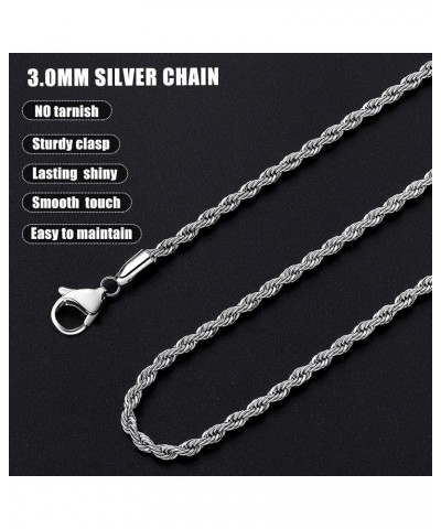 3mm Rope Chain Necklace for Men, Silver Tone Mens Chain Necklace, Stainless Steel Necklace Chain for Men Women and Boys 18.0 ...