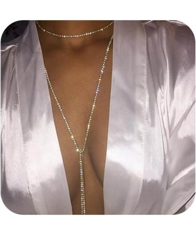 Boho Y Necklace Gold CZ Rhinestone Tennis Chain Sparkly Lariat Crystal Necklace Long Tie Up Choker Necklace Bling Prom Neckla...