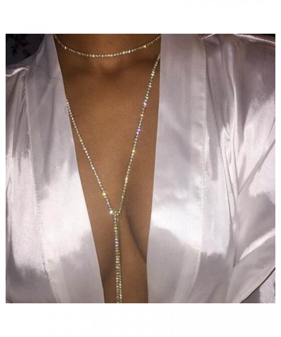 Boho Y Necklace Gold CZ Rhinestone Tennis Chain Sparkly Lariat Crystal Necklace Long Tie Up Choker Necklace Bling Prom Neckla...