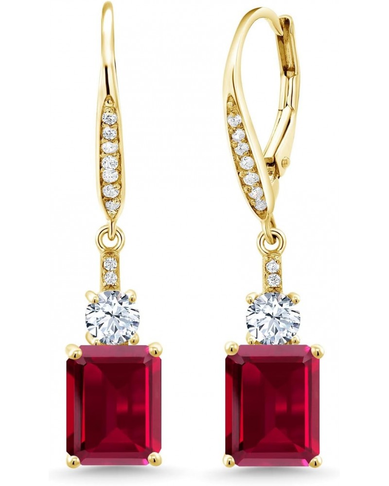 18K Yellow Gold Plated Silver Red Created Ruby Dangle Earrings For Women (5.60 Cttw, Gemstone July Birthstone, Emerald Cut 9X...