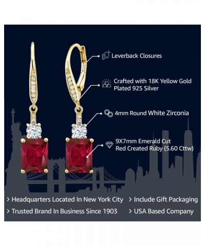 18K Yellow Gold Plated Silver Red Created Ruby Dangle Earrings For Women (5.60 Cttw, Gemstone July Birthstone, Emerald Cut 9X...