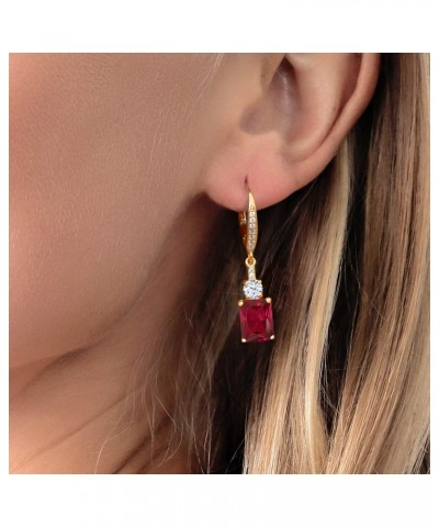 18K Yellow Gold Plated Silver Red Created Ruby Dangle Earrings For Women (5.60 Cttw, Gemstone July Birthstone, Emerald Cut 9X...