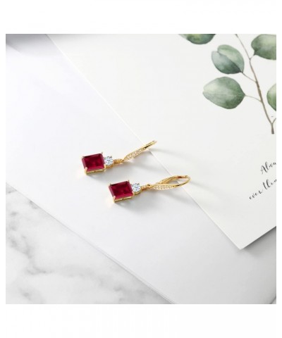 18K Yellow Gold Plated Silver Red Created Ruby Dangle Earrings For Women (5.60 Cttw, Gemstone July Birthstone, Emerald Cut 9X...