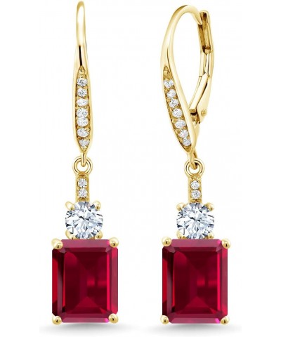 18K Yellow Gold Plated Silver Red Created Ruby Dangle Earrings For Women (5.60 Cttw, Gemstone July Birthstone, Emerald Cut 9X...