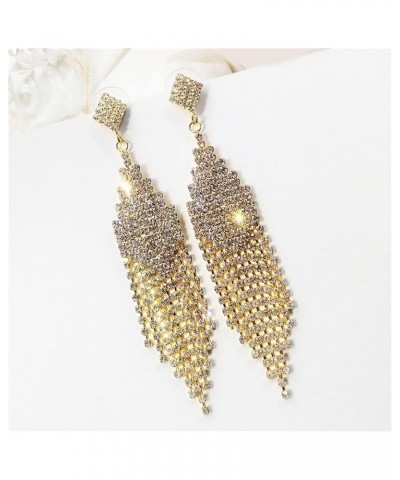 Long Big 14k Gold Austrian Crystal Chandelier Tassel Chain Dangle Drop Earrings Sparkly Silver Rhinestone Fringe Dangle Stud ...