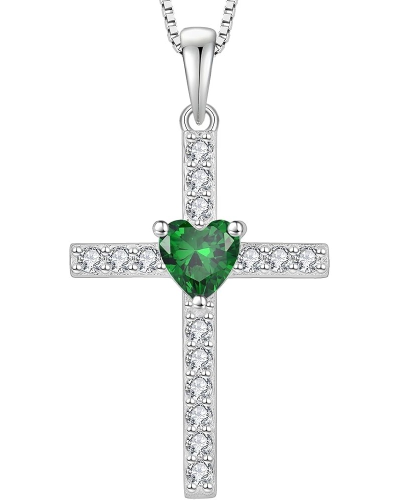 Cross Necklace 925 Sterling Silver Religious Pendant for Women Heart Shaped Birthstone Jewelry Gifts 05-emerald-May $32.99 Ne...