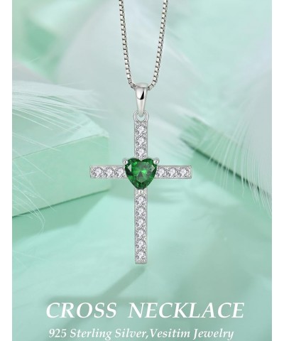 Cross Necklace 925 Sterling Silver Religious Pendant for Women Heart Shaped Birthstone Jewelry Gifts 05-emerald-May $32.99 Ne...