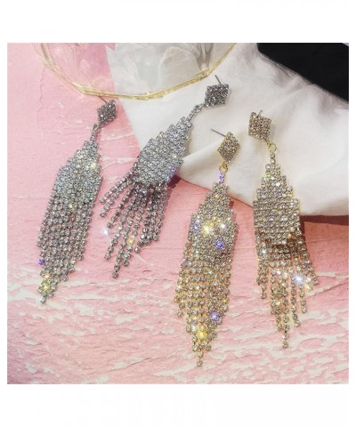 Long Big 14k Gold Austrian Crystal Chandelier Tassel Chain Dangle Drop Earrings Sparkly Silver Rhinestone Fringe Dangle Stud ...