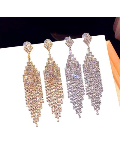 Long Big 14k Gold Austrian Crystal Chandelier Tassel Chain Dangle Drop Earrings Sparkly Silver Rhinestone Fringe Dangle Stud ...