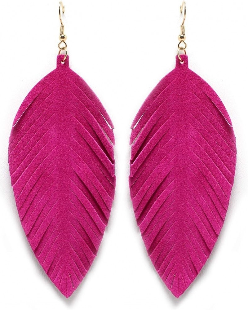 Large Genuine Soft Leather Handmade Fringe Feather Lightweight Tear Drop Dangle Color Earrings for Women Girls Fashion Fuchsi...