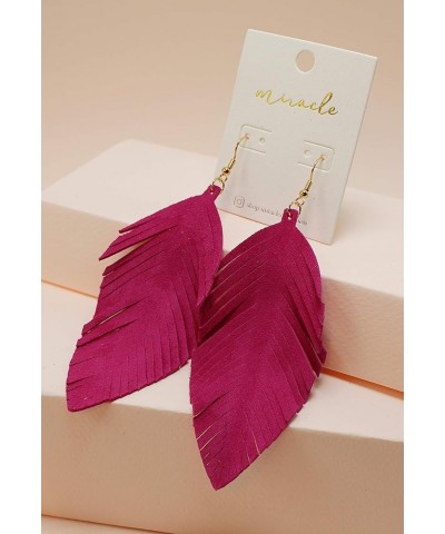 Large Genuine Soft Leather Handmade Fringe Feather Lightweight Tear Drop Dangle Color Earrings for Women Girls Fashion Fuchsi...