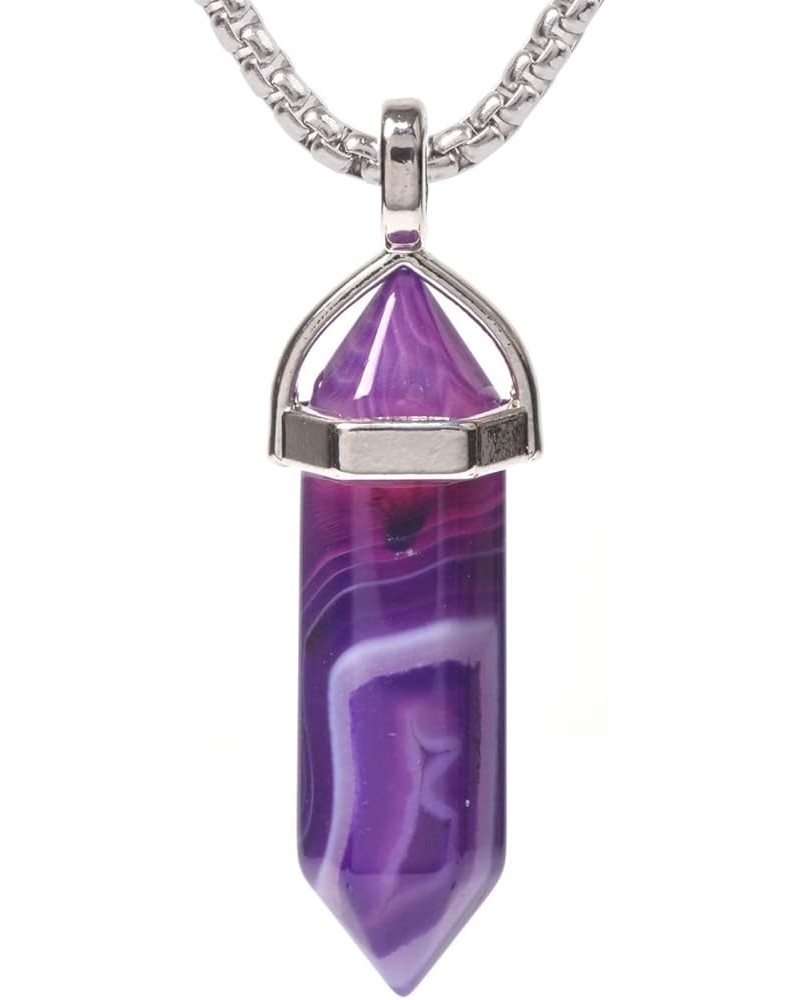 Hexagonal Pointed Reiki Chakra Pendant Stainless Steel Chain Necklace 20" Iron Gift Box Dyed Purple Brazilian Agate $6.47 Nec...