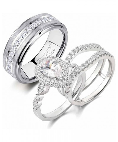 Wedding Ring Sets for Him and Her AAAAA Cz Promise Rings for Couples Women Mens Band Pear Shape Size 5-13 Men's Size 10 & Wom...