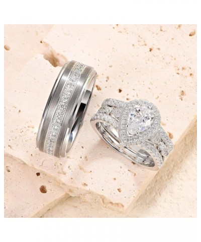 Wedding Ring Sets for Him and Her AAAAA Cz Promise Rings for Couples Women Mens Band Pear Shape Size 5-13 Men's Size 10 & Wom...