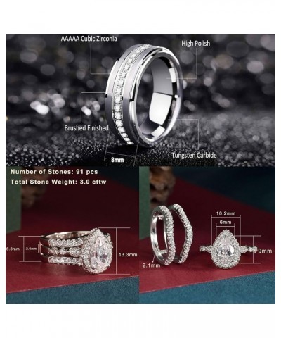 Wedding Ring Sets for Him and Her AAAAA Cz Promise Rings for Couples Women Mens Band Pear Shape Size 5-13 Men's Size 10 & Wom...