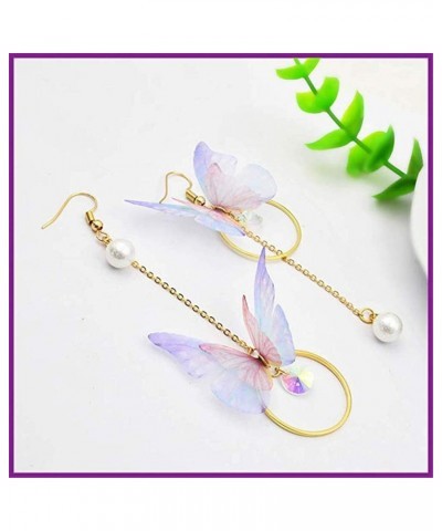 Boho Lightweight Unique Asymmetry Butterfly Wing Earrings with Long Pearl Dangle Chiffon Fabric Dragonfly Wing Earrings threa...