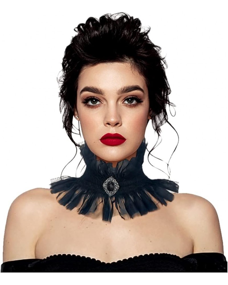 Gothic Neck Ruff Collar Victorian Ruffle Choker with Gem for Women Girls Halloween Costume Black-2 $12.38 Necklaces