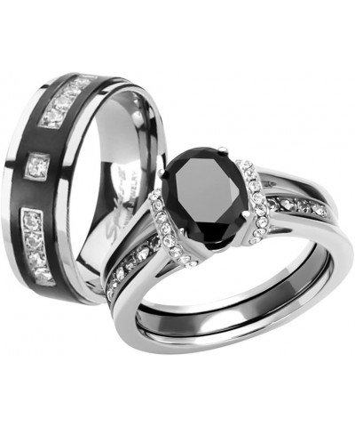 Her and His Black Cubic Zirconia Stainless Steel Wedding Engagement Ring and Titanium Band Set Women's Size 06 Men's Size 08 ...