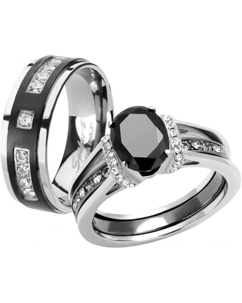 Her and His Black Cubic Zirconia Stainless Steel Wedding Engagement Ring and Titanium Band Set Women's Size 06 Men's Size 08 ...