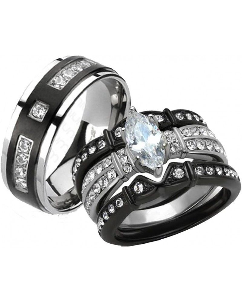 Her and His 4 Piece Black Stainless Steel and Titanium Wedding Engagement Ring Band Set Size Women's 05 Men's 09 $23.87 Sets