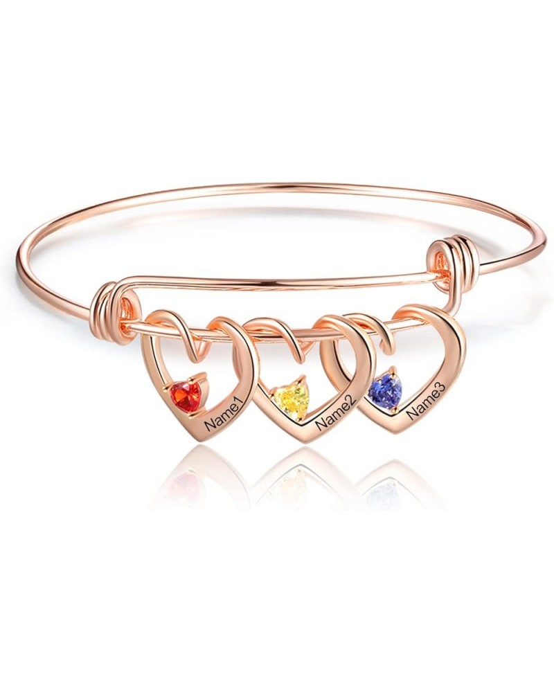 Custom Name Bracelets with 2-3 Hearts Simulated Birthstones Free Engraved Personalized Bangle Bracelets for Women Rose gold $...