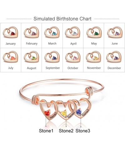 Custom Name Bracelets with 2-3 Hearts Simulated Birthstones Free Engraved Personalized Bangle Bracelets for Women Rose gold $...