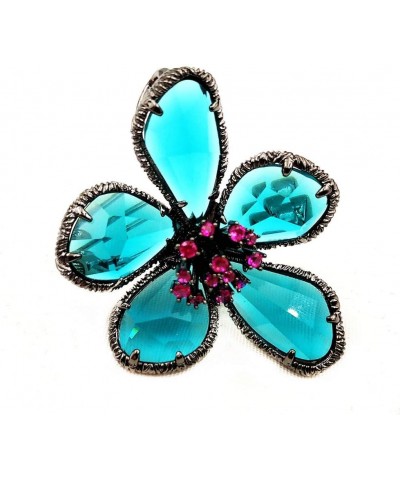 Designer Antique Silver Framed Hot Pink Pistil Turquoise Blue Rhinestone Flower Brooch Pin for Women Fashion $9.90 Brooches &...