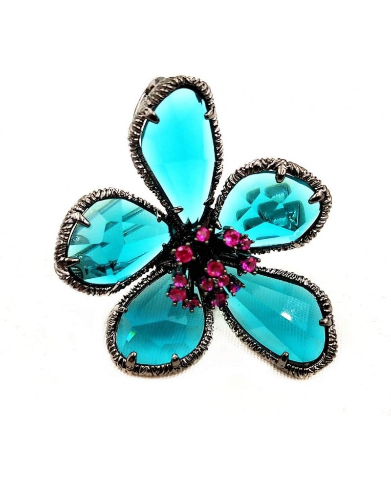 Designer Antique Silver Framed Hot Pink Pistil Turquoise Blue Rhinestone Flower Brooch Pin for Women Fashion $9.90 Brooches &...