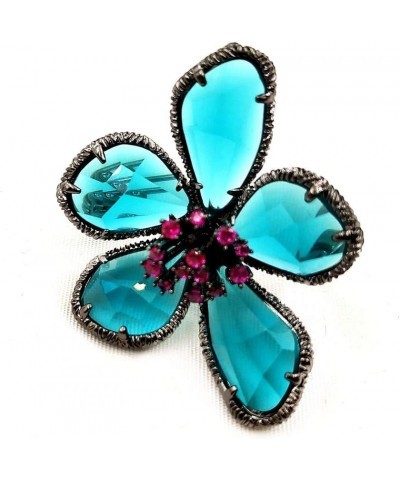 Designer Antique Silver Framed Hot Pink Pistil Turquoise Blue Rhinestone Flower Brooch Pin for Women Fashion $9.90 Brooches &...