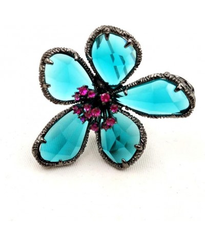 Designer Antique Silver Framed Hot Pink Pistil Turquoise Blue Rhinestone Flower Brooch Pin for Women Fashion $9.90 Brooches &...