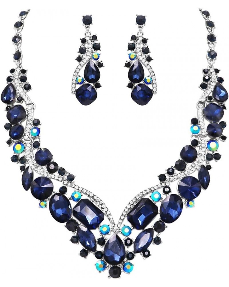 Women's Stunning Crystal Rhinestone Statement Necklace Drop Earrings Bridal Set, 18"+3" Extender Navy Blue Crystal Silver Ton...