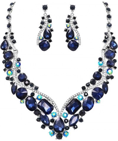 Women's Stunning Crystal Rhinestone Statement Necklace Drop Earrings Bridal Set, 18"+3" Extender Navy Blue Crystal Silver Ton...