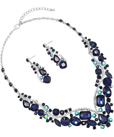 Women's Stunning Crystal Rhinestone Statement Necklace Drop Earrings Bridal Set, 18"+3" Extender Navy Blue Crystal Silver Ton...