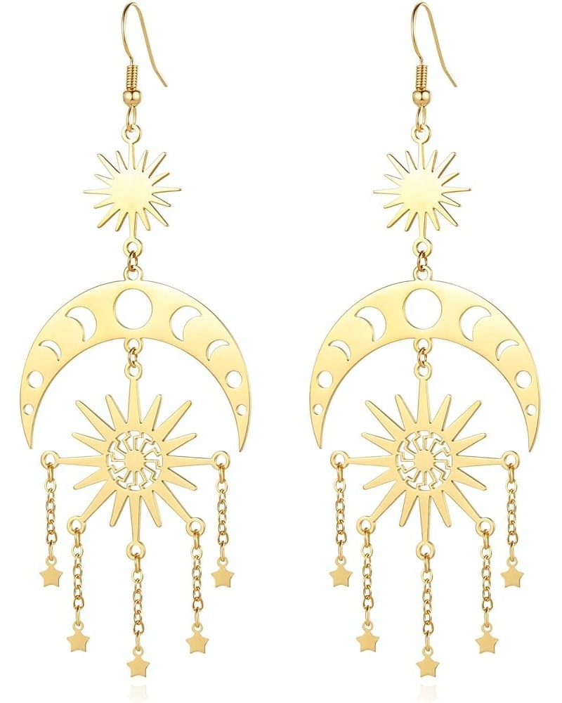 Sun and Moon Star Chandelier Earrings for Women Dangle Dangly Earrings Phase Crescent Drop Dangling Earrings Stainless Steel ...