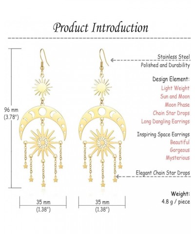 Sun and Moon Star Chandelier Earrings for Women Dangle Dangly Earrings Phase Crescent Drop Dangling Earrings Stainless Steel ...