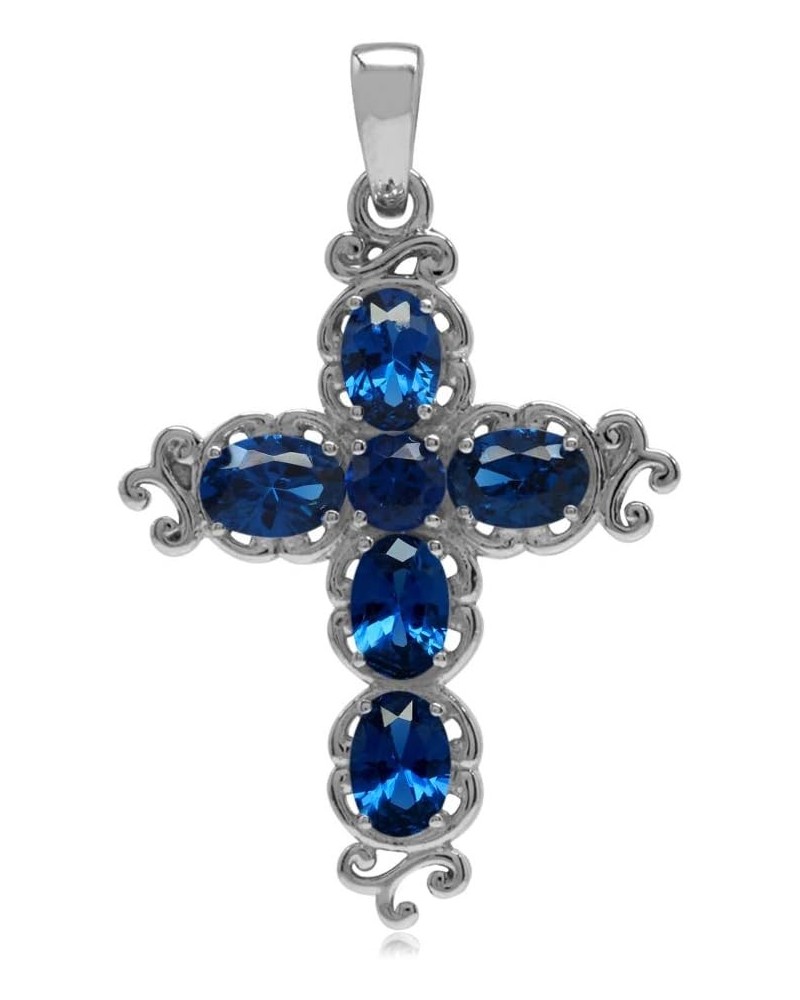 Birthstone Gemstone 925 Sterling Silver Victorian Style Cross Pendant Necklace Christmas Jewelry Gift for Women Synthetic Sap...