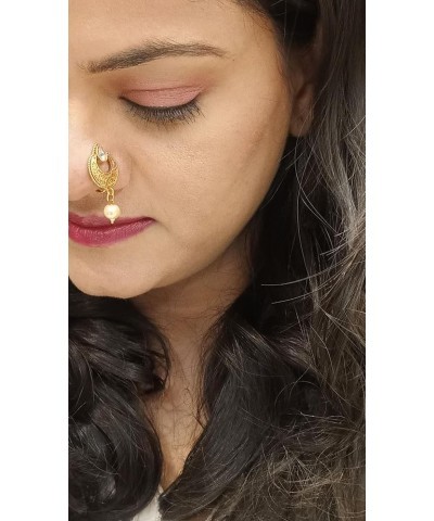 Indian Jewelry Kundan Crystal Nose Ring Hoop Pin Fake Septum Ring with Chain Nose to Ear Chain Non Piercing Body Jewelry Whit...