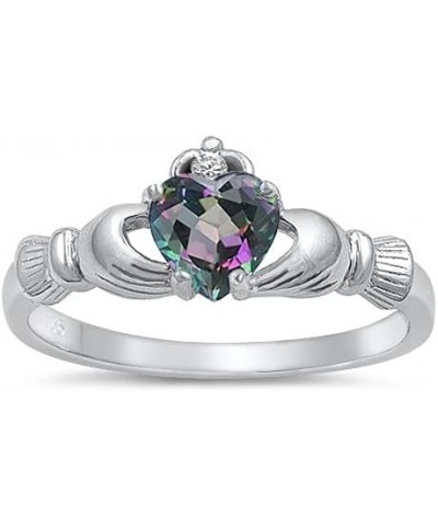 LuxJewelryBySN Claddagh Ring - 925 Sterling Silver Ring – CZ Claddagh Rings for Women – Rainbow Simulated Cubic Zirconia Size...