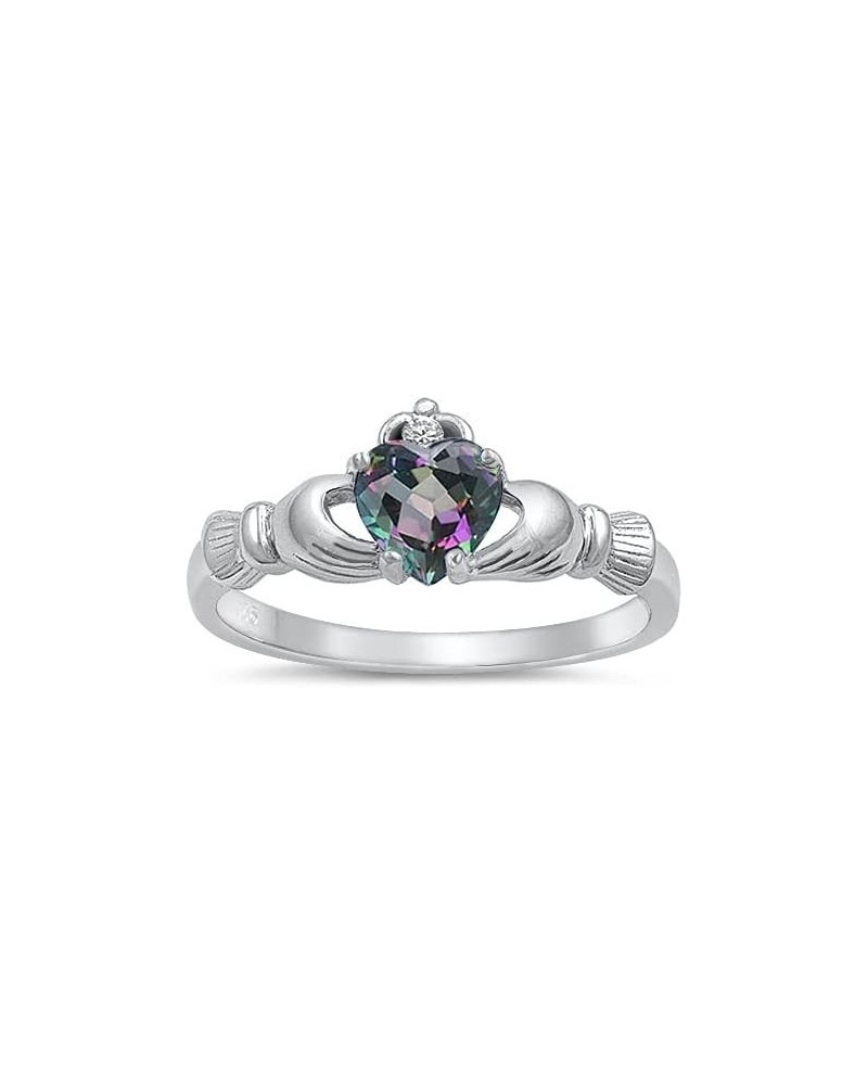 LuxJewelryBySN Claddagh Ring - 925 Sterling Silver Ring – CZ Claddagh Rings for Women – Rainbow Simulated Cubic Zirconia Size...